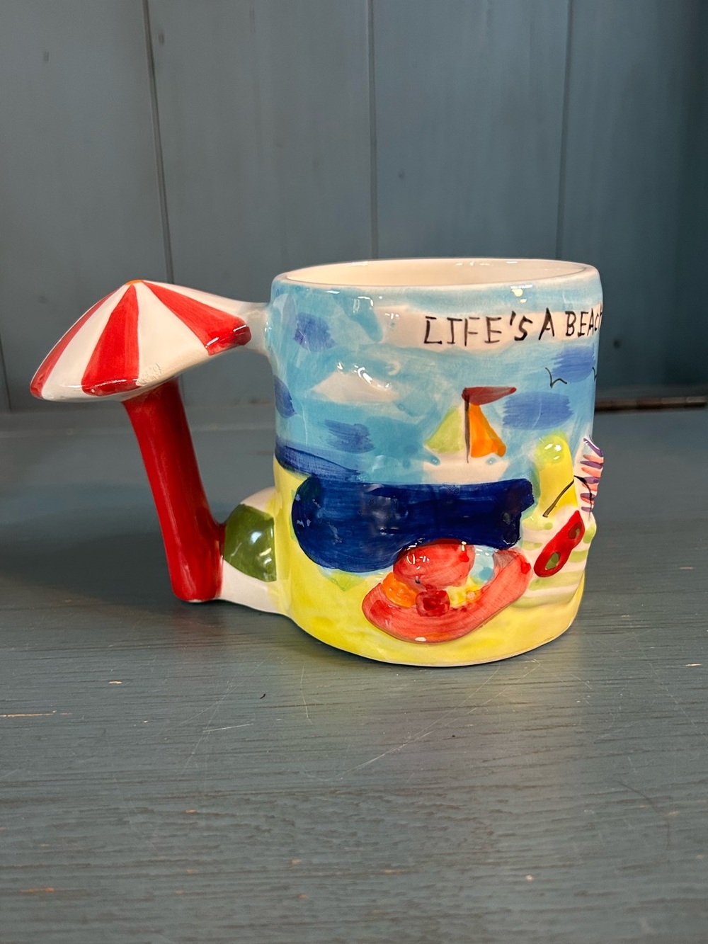 Vtg 04 Life's a Beach Ceramic Mug with Umbrella Handle - Multicolor “Nantucket”